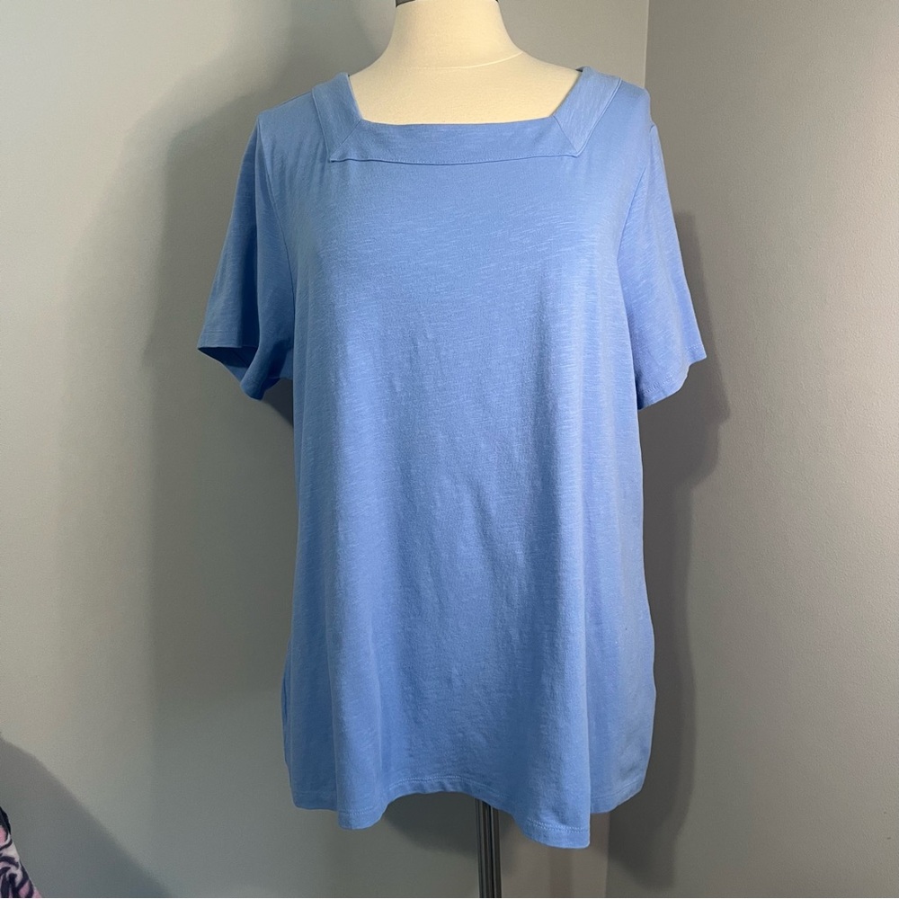 Denim & Co Essentials XL Blue Square Neckline Short Sleeve Top Tee